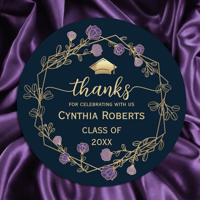 Adesivo Redondo Graduação Obrigado Marinho Azul Dourado Floral ("Golden gratitude blooms! 🎓✨ Our round frame purple and gold flower thank you stickers #glamour )