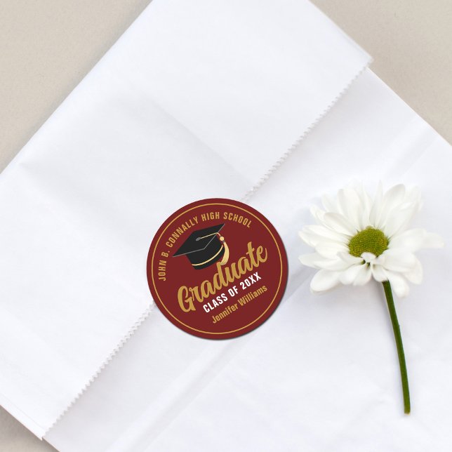 Adesivo Redondo Graduação Personalizada do Formando Dourado Maroon (Criador carregado)