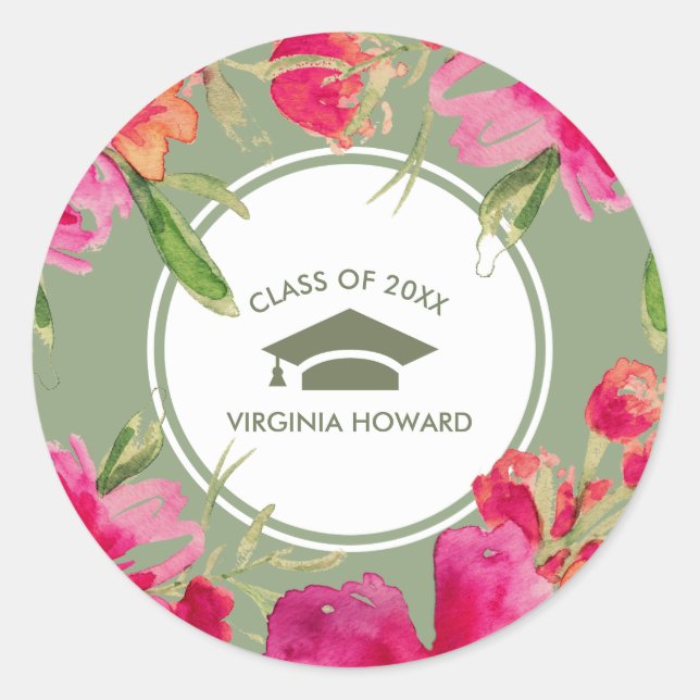 Adesivo Redondo Graduação Personalizada Floral da Fuchsia Verde (Frente)