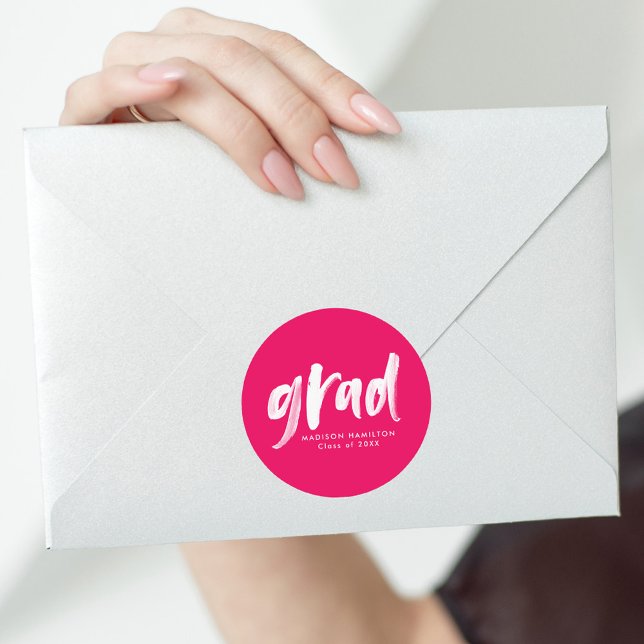 Adesivo Redondo Graduação Rosa Quente com Script de Pincel Moderno (Criador carregado)