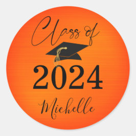 Adesivo Redondo Graduação Tampa Preta Laranja Script Faux Metálico