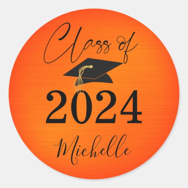 Adesivo Redondo Graduação Tampa Preta Laranja Script Faux Metálico (Frente)