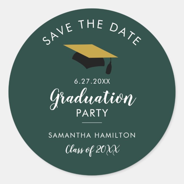 Adesivo Redondo Graduate 2026 Save the Date Grad Party Green (Frente)