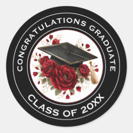 Adesivo Redondo Graduation Cap & Red Roses Class of 20XX