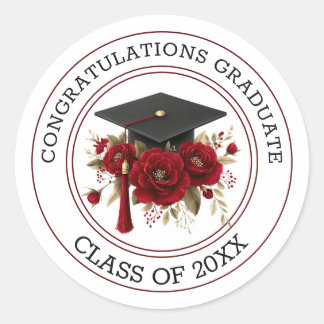 Adesivo Redondo Graduation Cap & Red Roses Class of 20XX 