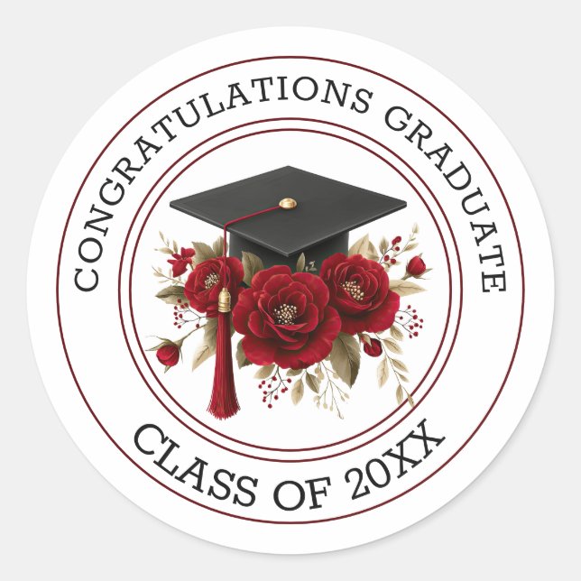 Adesivo Redondo Graduation Cap & Red Roses Class of 20XX  (Frente)