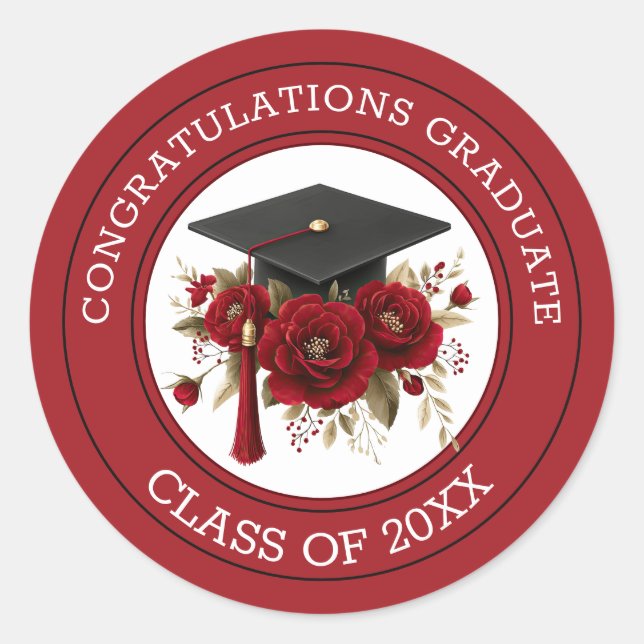 Adesivo Redondo Graduation Cap & Red Roses Class of 20XX  (Frente)
