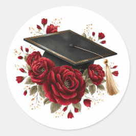 Adesivo Redondo Graduation Cap with Red Roses Celebration Design