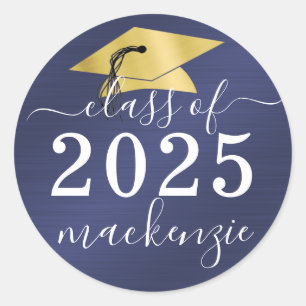 Adesivo Redondo Graduation Class Of Metallic Script Navy Blue
