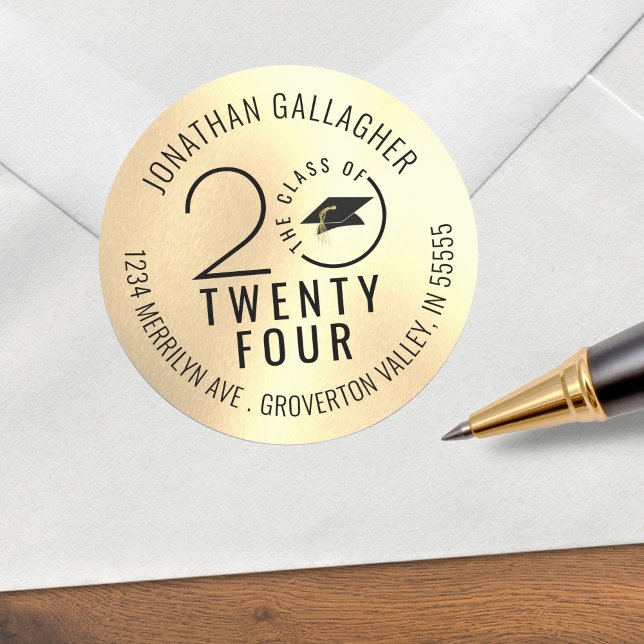 Adesivo Redondo Graduation Class Year Black Gold Return Address (Criador carregado)