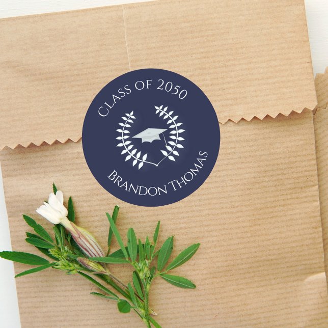 Adesivo Redondo Graduation Modern Classic Laurel Navy Blue (Criador carregado)
