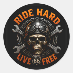 Adesivo Redondo ☠️ Gráfico de Caveira da Rota 66 Para Motociclista