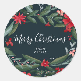 Adesivo Redondo Gráfico de Natal feliz verde-floral vermelho-flora