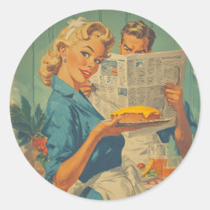 Adesivo Redondo Gráfico de Pizza e Papel Retro