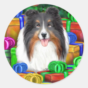 Adesivo Redondo Gráficos Abertos de Natal da Sheltie Tricolor