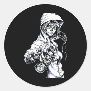Adesivo Redondo Grafite Skeleton Ghetto Girl