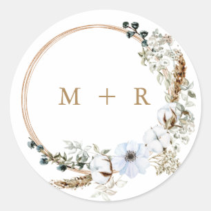 Adesivo Redondo Grama das Pampas Casamento Boho Terracota Monogram