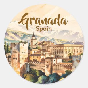Adesivo Redondo Granada Espanha Alhambra Aquarela Viagem Vintage