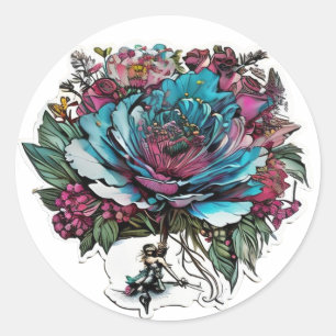 Adesivo Redondo Grande Buquê de Flores Azuis Lindas Clássico Redon