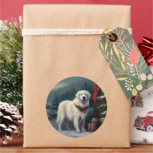 Adesivo Redondo Grande Cão Pirenéus na Neve de Natal