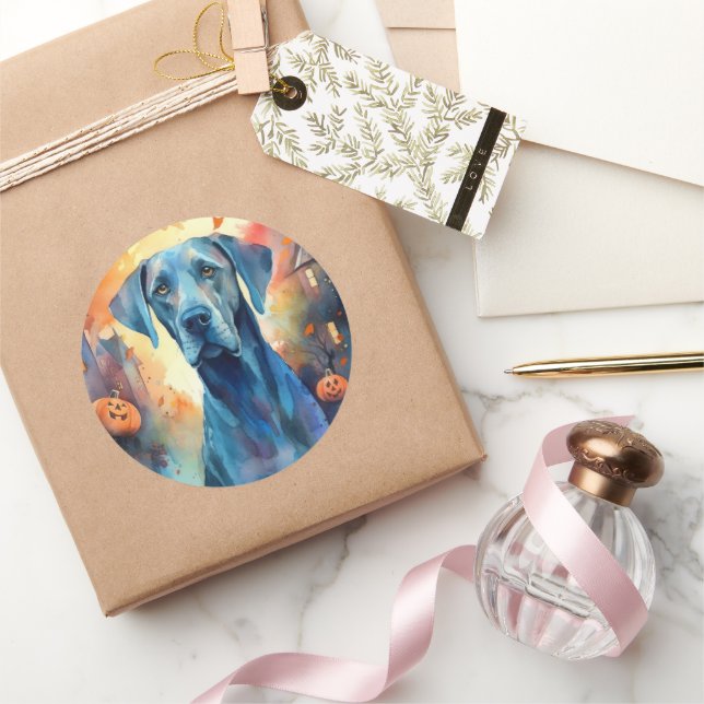 Adesivo Redondo Grande Dane Do Halloween Com Pumpkins Assustado (Presentear)