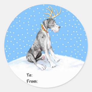 Adesivo Redondo Grande Dane Reindeer Natal Merle UC Dags de Presen