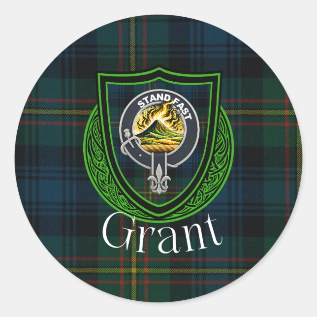 Adesivo Redondo Grant Scottish Clan Tartan & Crest (Frente)