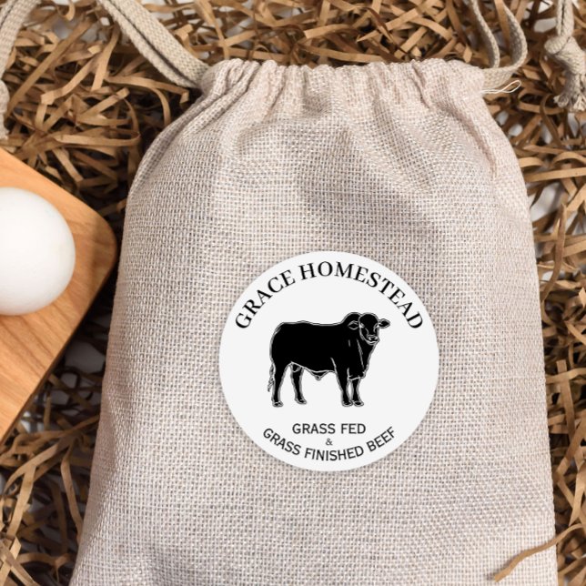 Adesivo Redondo Grass Fed Beef Nome Adicione Agricultores Mercado  (Criador carregado)