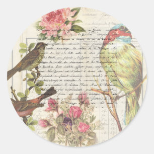 Adesivo Redondo Gratidão botânica de decoupage de pássaros vintage