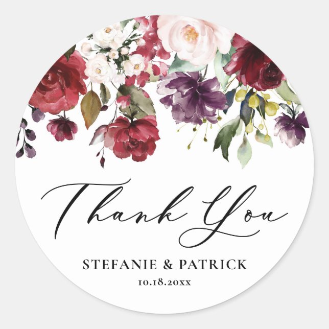 Adesivo Redondo Gratidão Floral em Aquarela Vermelha e Roxa (Frente)