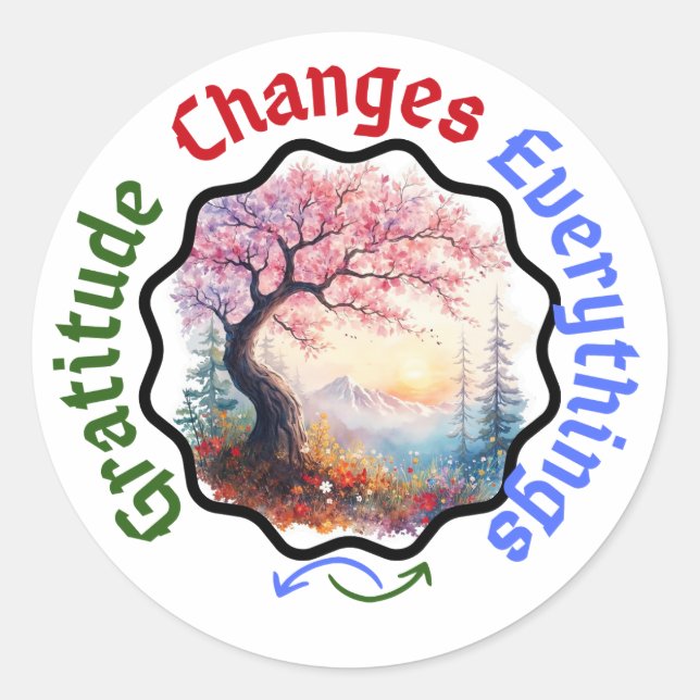 Adesivo Redondo Gratidão Muda Tudo - Citação Floral (Frente)