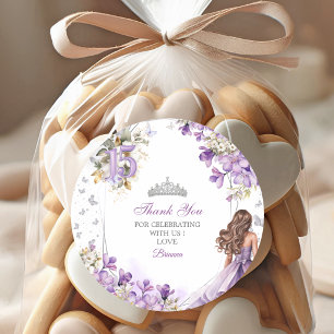 Adesivo Redondo Gratidão Quinceañera Floral Tiara Prata Lavanda