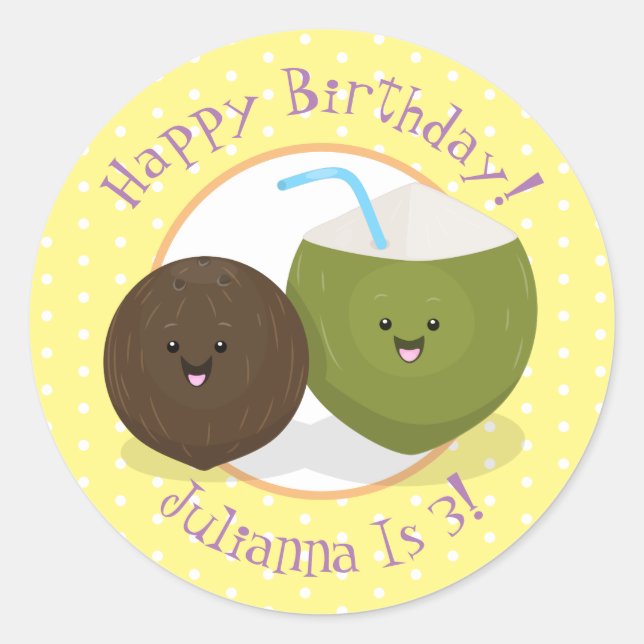 Adesivo Redondo Grátis feliz desenho animado de coconuts kawaii (Frente)