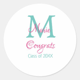 Adesivo Redondo Grava o nome do formando monograma verde rosa azul