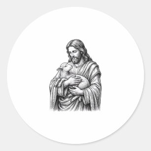 Adesivo Redondo Grave Desenho a Talho Pastor Segurando Cordeiro Ve
