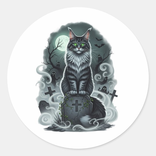 Adesivo Redondo Graveyard Guardian - Maine Coon Halloween (Frente)