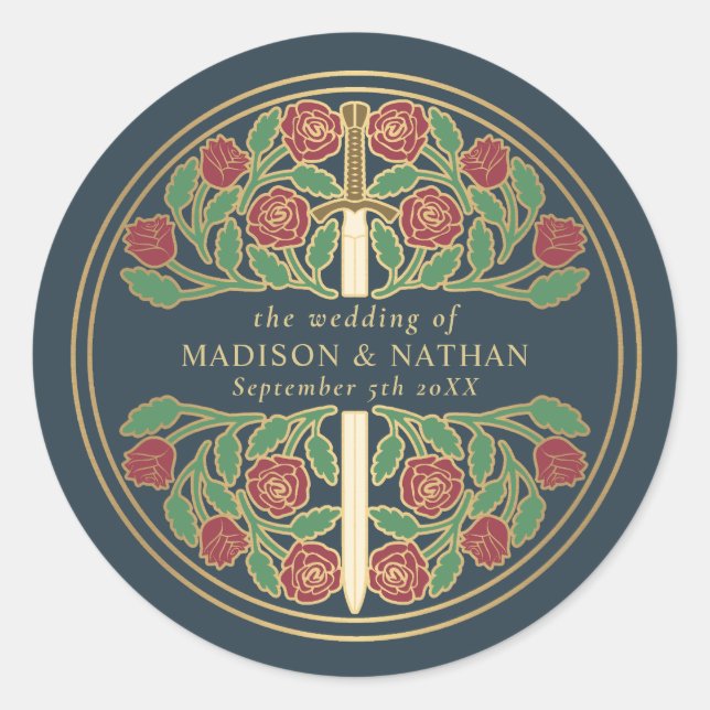 Adesivo Redondo Gray Royal Medieval Sword Wedding  (Frente)