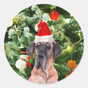 Adesivo Redondo Great Dane com Caixas de Presente de Árvore de Nat