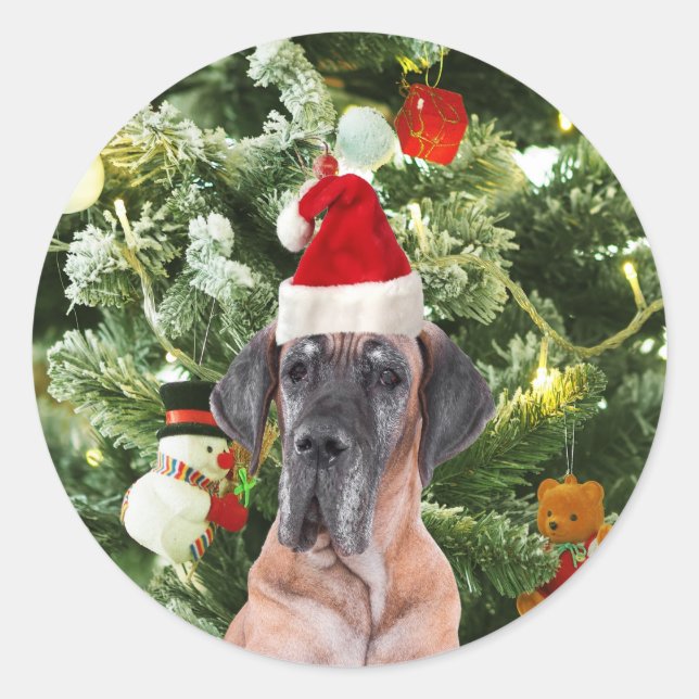 Adesivo Redondo Great Dane com Caixas de Presente de Árvore de Nat (Frente)