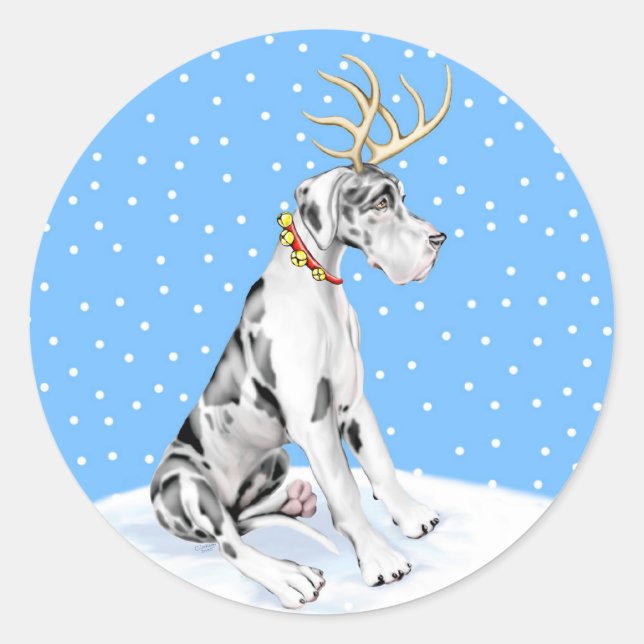 Adesivo Redondo Great Dane Reindeer Christmas Harlequin UC (Frente)