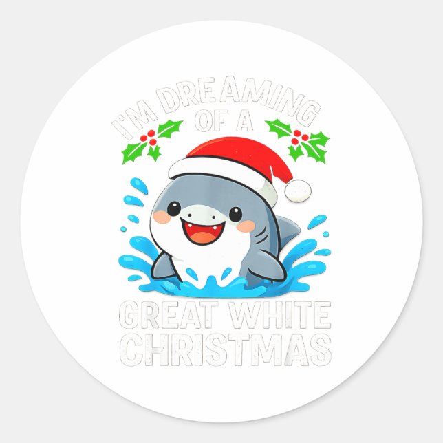 Adesivo Redondo Great White Christmas Shark Funny Santa Holiday Pu (Frente)