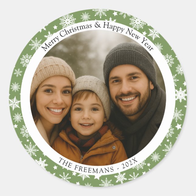 Adesivo Redondo Green and White Snowflakes Holiday Photo (Frente)