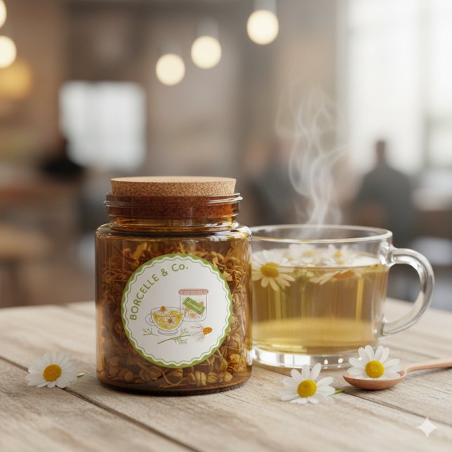 Adesivo Redondo Green and Yellow Floral Chamomile Herbal Tea  (Green and Yellow Floral Chamomile Herbal Tea Classic Round Sticker)