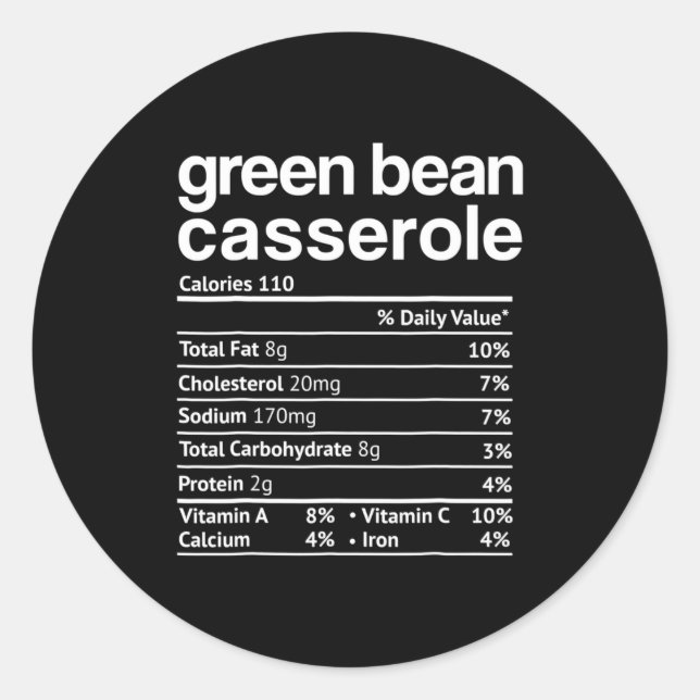 Adesivo Redondo Green Bean Cerole Nutrition Facts Funny Thanksg  (Frente)
