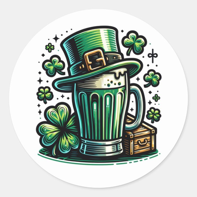 Adesivo Redondo Green Beer e Leprechaun Hat (Frente)