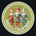 Adesivo Redondo Green Christmas Elves Sticker<br><div class="desc">Vintagem verde de "Feliz Natal".</div>