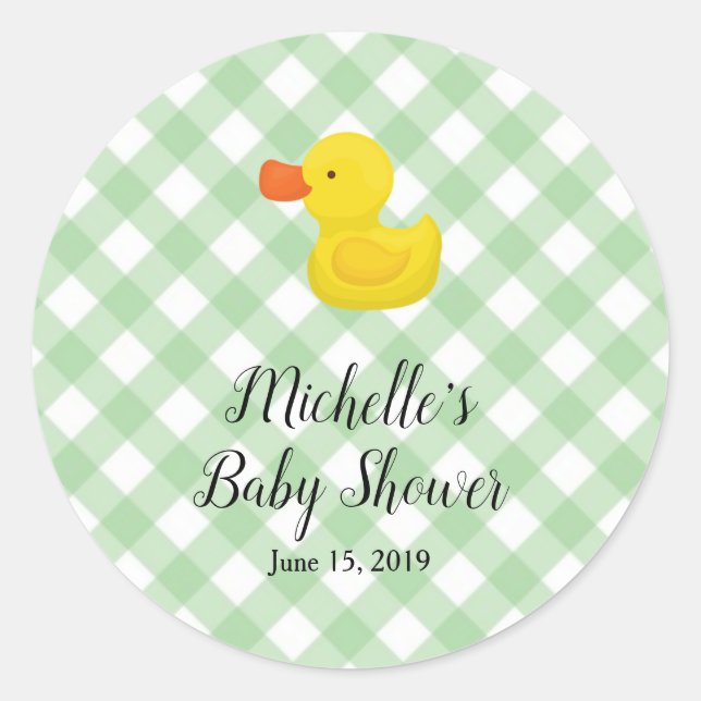 Adesivo Redondo Green Gingham Rubber Duckie Baby Shower  (Frente)