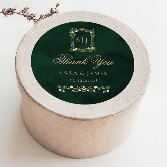 Adesivo Redondo Green Gold Botanical Crest Wedding Thank you (Criador carregado)