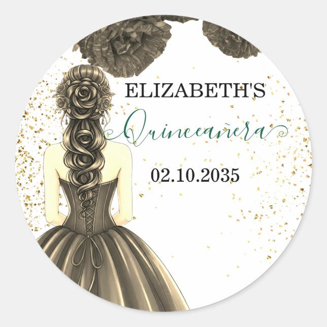 Adesivo Redondo Green & Gold Quinceañera Custom Round Sticker (Frente)