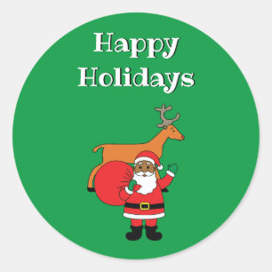 Adesivo Redondo Green Happy Holidays afro-americano Papai Noel